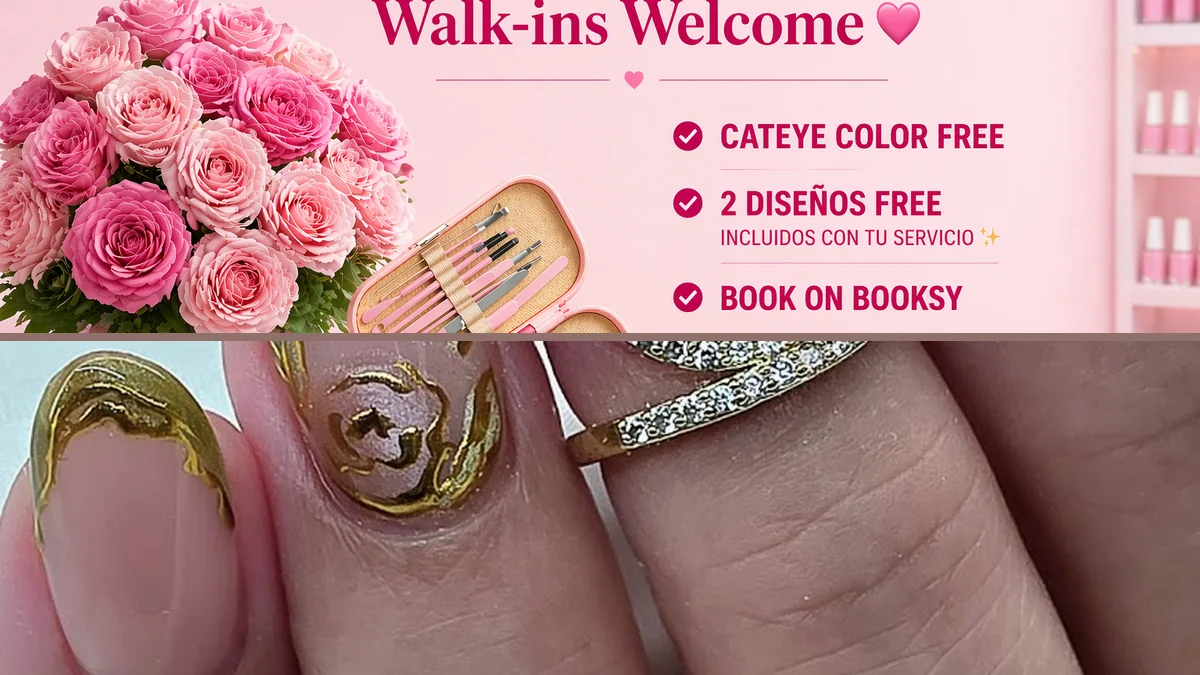 Close-up of detailed nail art on natural nails